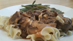 vegan stroganoff with special green beans